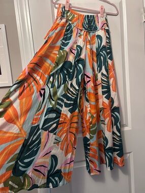 Wide Leg Tropical Print Pants in Orange & Green